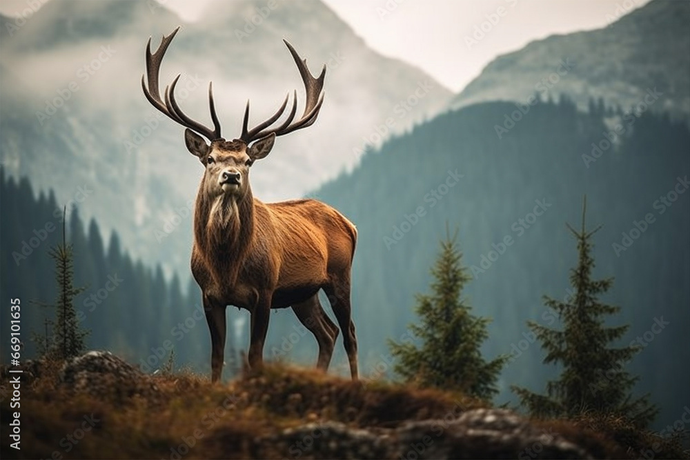 Fototapeta premium Deer against the background of mountains