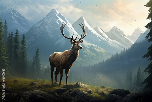 Deer against the backdrop of snowy winter mountains