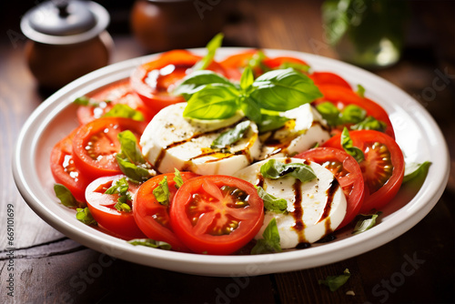 Fresh caprese salad with fresh mozzarella, chopped tomatoes, basil leaves, olive oil.