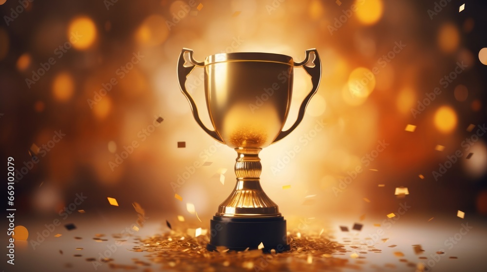 A prestigious golden trophy, representing achievement and victory, with vibrant confetti showering in the background. A prestigious golden trophy, representing achievement and victory, with vibrant confetti showering in the background.