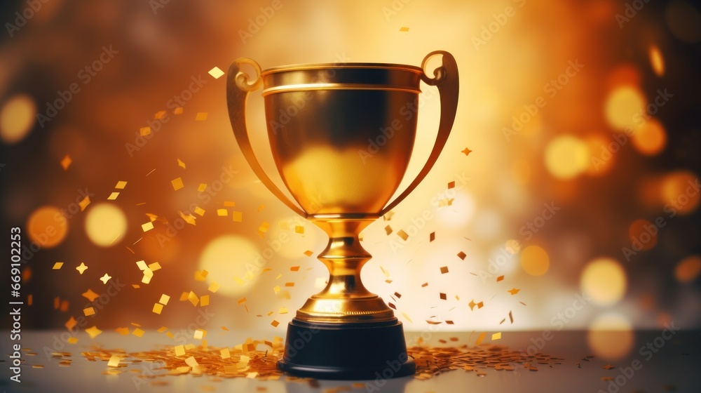 An esteemed golden trophy, representing accomplishment and victory, set against a backdrop of vibrant, shining confetti. An esteemed golden trophy, representing accomplishment and victory, set against a backdrop of vibrant, shining confetti.