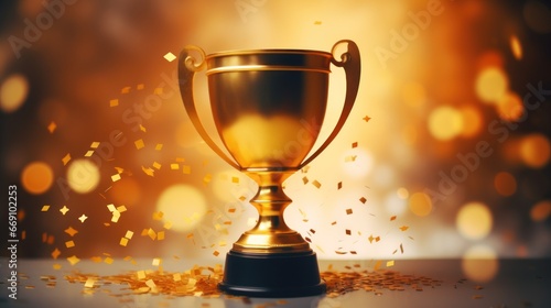 An esteemed golden trophy, representing accomplishment and victory, set against a backdrop of vibrant, shining confetti.