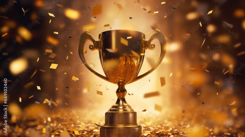 An esteemed golden trophy, representing accomplishment and victory, set against a backdrop of vibrant, shining confetti.