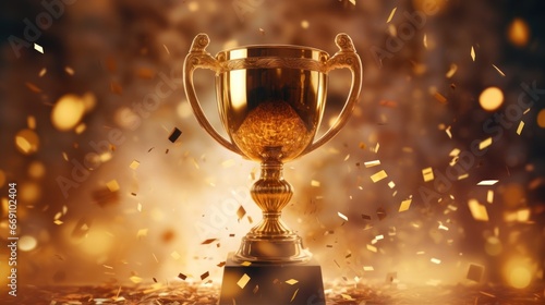 An esteemed golden trophy, representing accomplishment and victory, set against a backdrop of vibrant, shining confetti.