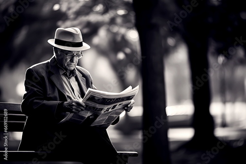 Senior citizen in white hat sitting on park bench and reading newspaper, black and white image photo