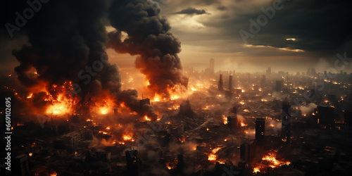 Big explosion in the city at night. Shelling of the city, war Illustration. Generated by AI