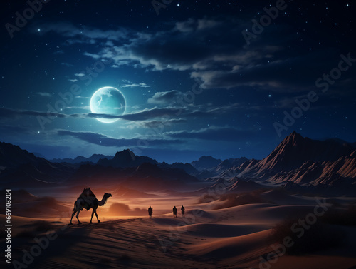 Camel in the desert at night with stars and moon. Generated by AI