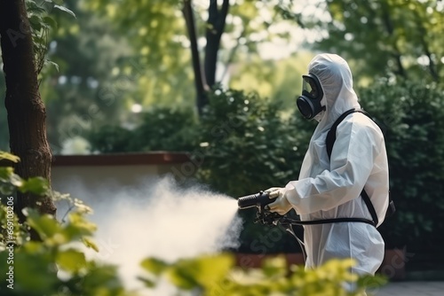 Man in special protective clothes cautiously applies pesticide to control insect population in garden. Gardener carefully sprays strong pesticide to manage annoying insect population in grassy garden.