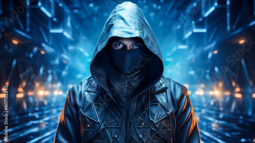 A hooded hacker against a futuristic blue technological background, evoking a sense of cyber intrigue and digital mystery.