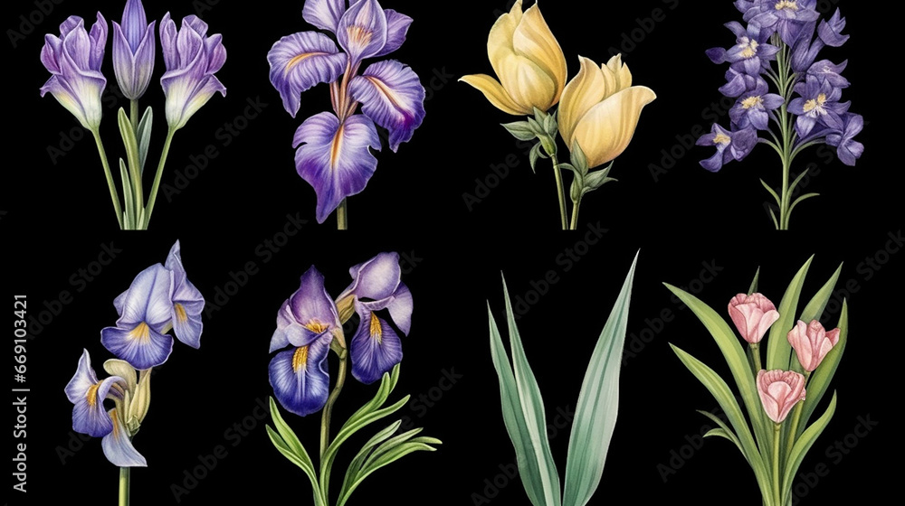 Set of floral botanical watercolor illustrations. Spring flowers. Irises are yellow, purple, lilac and hyacinths of different colors. The flowers are isolated on a dark background