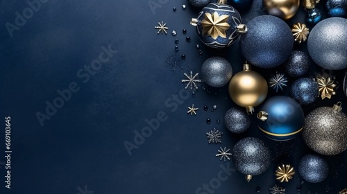 Christmas background with decorations on dark blue background. View with copy space.