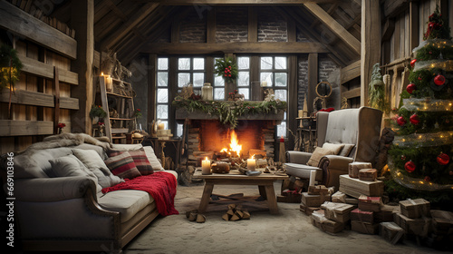 rustic living room decorated for Christmas © l1gend