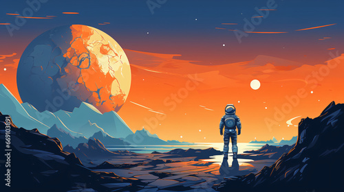 Astronaut walking on a planet. Cartoon illustration
