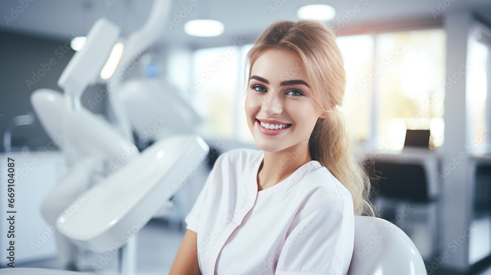 Portrait of young woman with beautiful smile at dentist clinics, woman with gorgeous smile sitting in dental chair at medical center.
