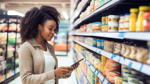African american woman shopping at the supermarket and looking at the shopping list on phone.