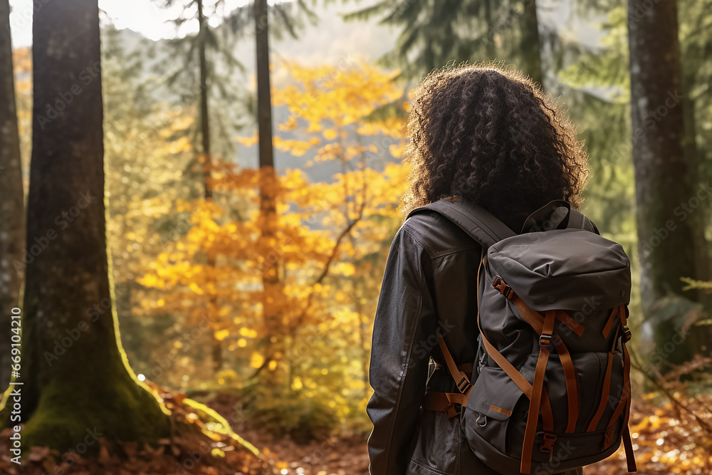 The portrait from behind of a woman wearing a backpack and hat while walking trail in an autumn forest, Generative AI. The portrait from behind of a woman wearing a backpack and hat while walking trail in an autumn forest, Generative AI.