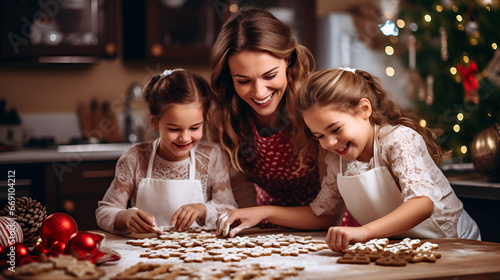 happy family mom and two daughters are preparing Christmas cookies in the shape of snowflakes in their kitchen