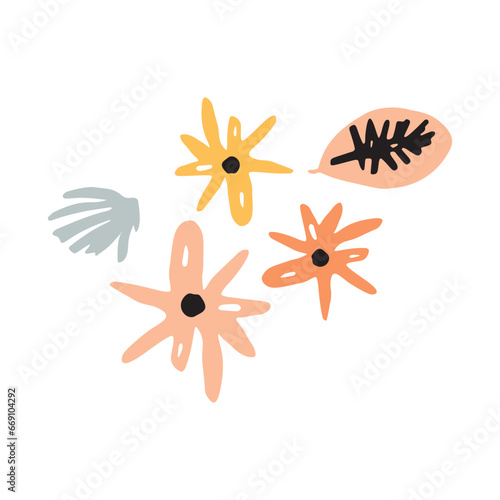 Midcentury modern whimsical floral vector graphic motif illustration. Organic summer gender neutral 70s matisse illustration in groovy botanical playful style. 