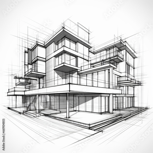 Abstract Modern Urban Building: 3D Architectural Construction and Perspective Design with Line Drawings