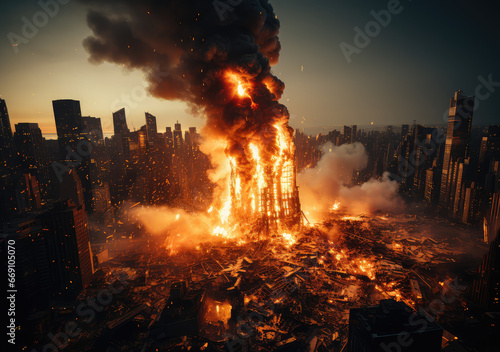 A Building Demolition and Explosion in the City, Capturing the Fierce Dance of Destruction and Change, Crafted by Generative AI