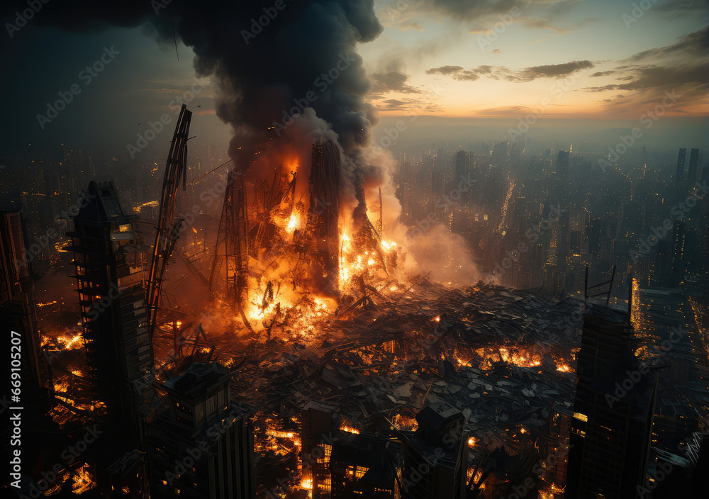 Fototapeta premium A Building Demolition and Explosion in the City, Capturing the Fierce Dance of Destruction and Change, Crafted by Generative AI