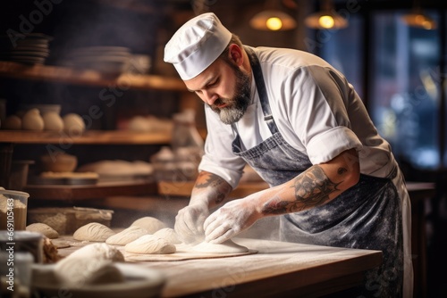 Bakery chef, culinary passion, preparing dough, kitchen environment, focused task. © furyon