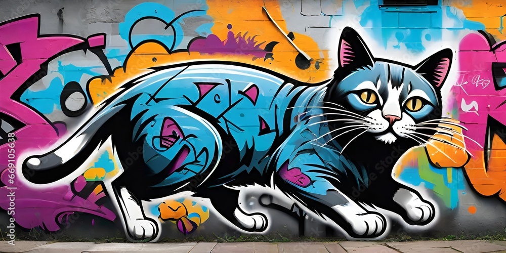 cat on the wall cartoon grafiti ,  kirigami cat
