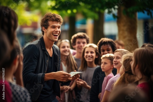 Engaging young man with a beaming smile performing street magic for a crowd.