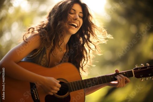 Enthusiastic young woman playing acoustic guitar.
