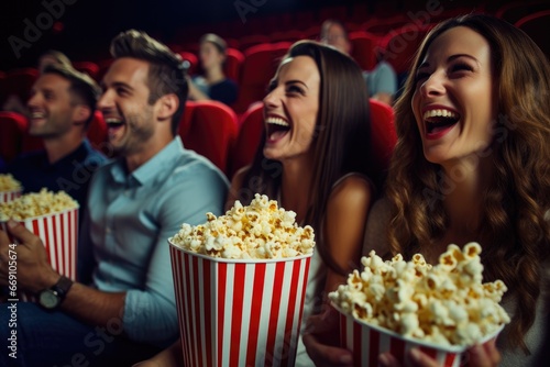 Friends laughing watching comedy film, bowls of popcorn