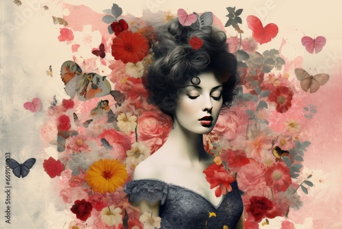 Romantic art collage with flowers and hearts
