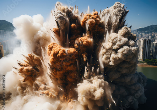 A Building Demolition and Explosion in the City, Capturing the Fierce Dance of Destruction and Change, Crafted by Generative AI