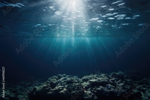 Deep blue ocean floor with reefs. Empty ocean bottom. Sun rays shining through the water surface. Deep blue and teal.