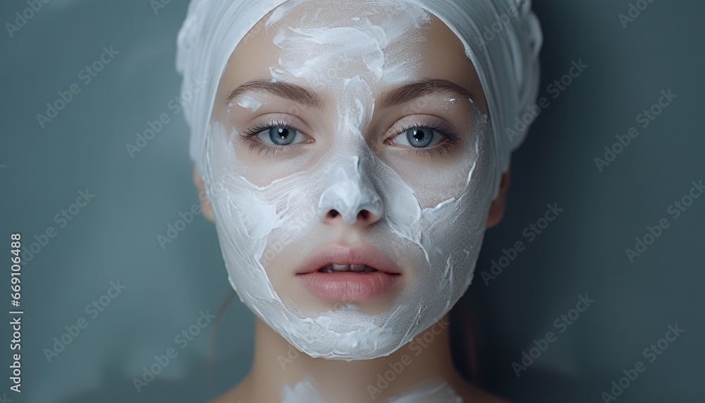 Fototapeta premium Close-up portrait of a woman with a cosmetic mask. Girl with blue eyes isolated on dark blue background.