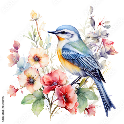 A bird and Flowers watercolor painting. Exquisite flora and fauna, showcasing the intricate details wildlife. vibrant color. Isolated background. © Korakrich