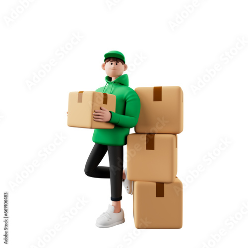 Happy delivery man with cardboard box .3d illustration.