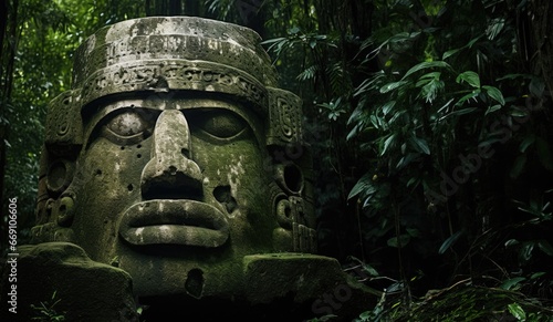 Colossal Olmec Head stone statue. Ancient stone monument in the lush deep jungle forest.   photo