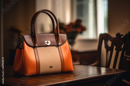 Woman`s brown handbag  on table photo