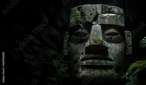 Colossal Olmec Head stone statue. Deep jungle. fantasy central american lush tropical forest. 