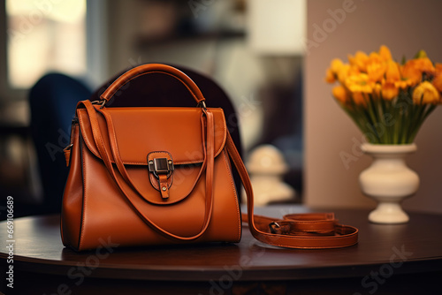 Woman`s brown handbag  on table photo
