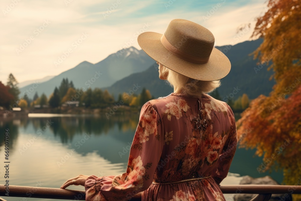Mature woman in a stylish dress observing a serene lake view.