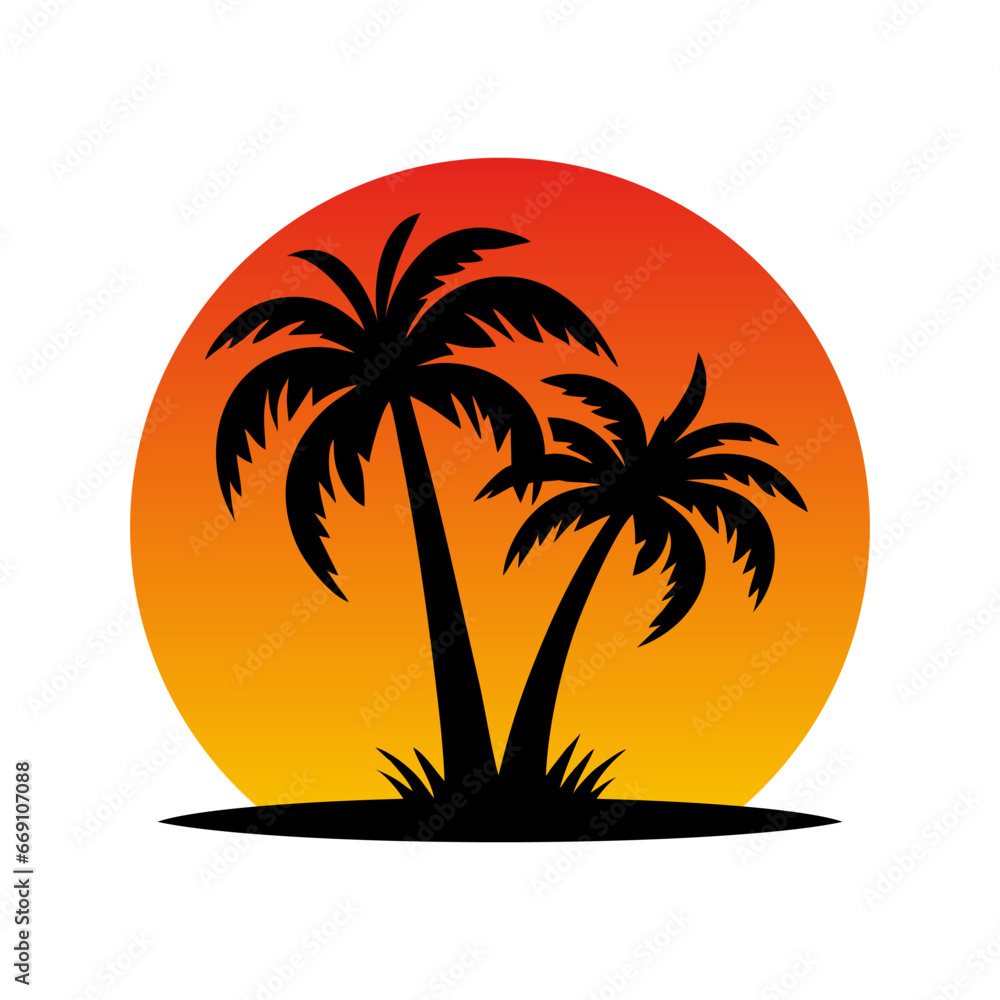 Island palm tree and sun icon. Tropical black silhouette jungle plants. Vector on white background