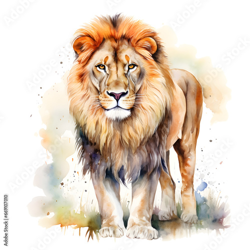 Lion, wildlife watercolor painting, an animal in nature and their natural habitat. vibrant colors. Isolated background