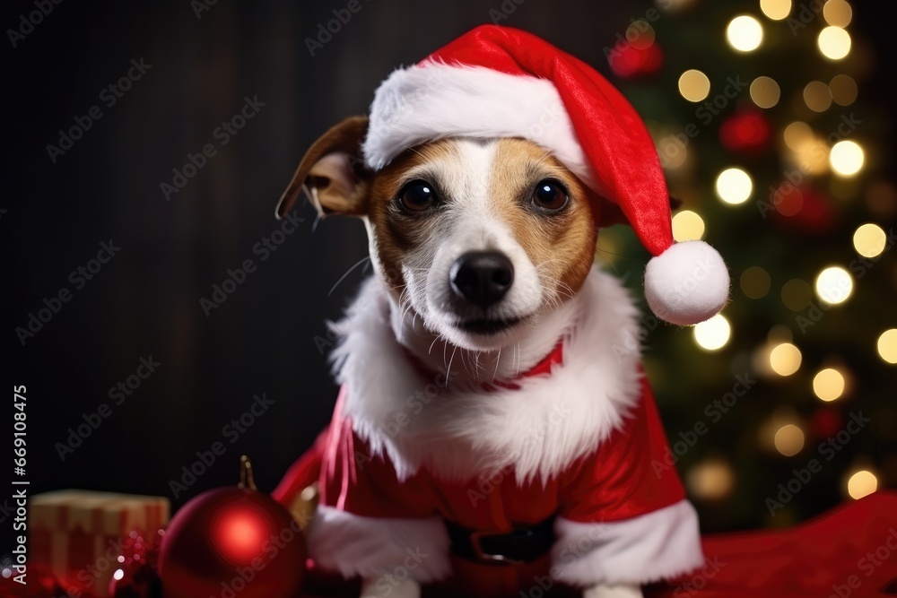 Cute little dog wearing a Santa hat and looking sweetly at the camera, bringing festive cheer to the Christmas season.