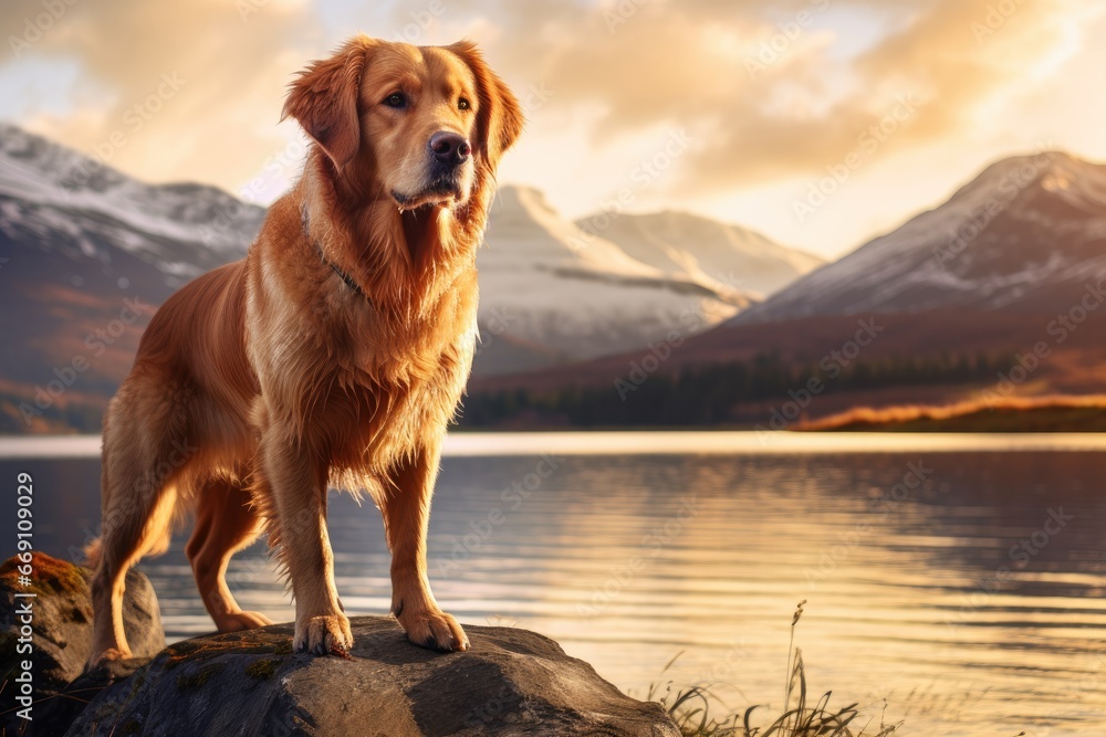 The beautiful Golden Retriever enjoys a day on the lake amid stunning mountain scenery and is the perfect companion for nature hikes.