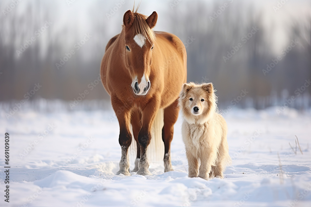 Fototapeta premium In a snowy winter landscape, a cute brown horse and a fluffy whi