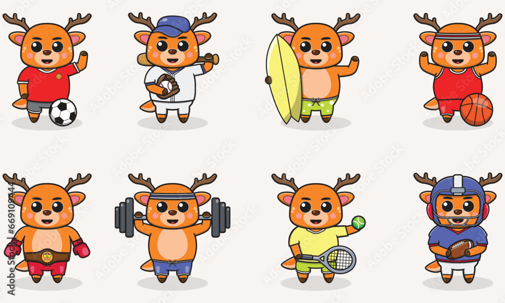 Set of Deer wearing uniform and using sports equipment. Funny animals doing exercis. Cute cartoon character vector set isolated on a white background. Cartoon animal sport. Deer cartoon. Set of Deer wearing uniform and using sports equipment. Funny animals doing exercis. Cute cartoon character vector set isolated on a white background. Cartoon animal sport. Deer cartoon.