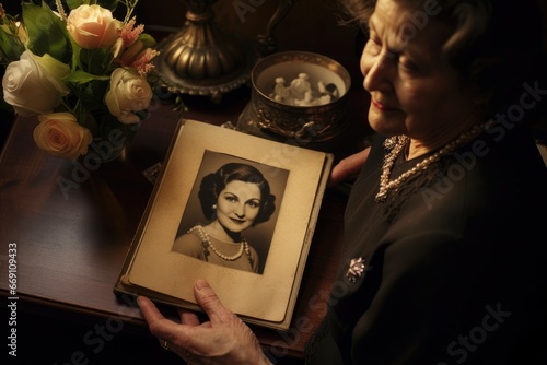Foto Senior woman with an elegant brooch recalling memories with a photo album