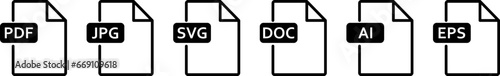 Collection of file formats big icon. File format of document - PDF, DOC, AI, EPS, JPG, SVG. Vector illustration
