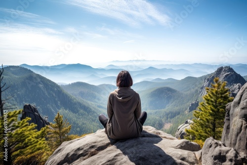 Woman enjoying panoramic views from a mountain peak.
